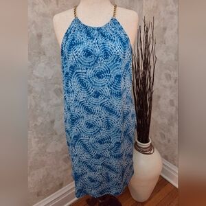 MICHAEL Michael Kors Chain Strap Halter Dress XL Blue Tie Dye Gold Detail